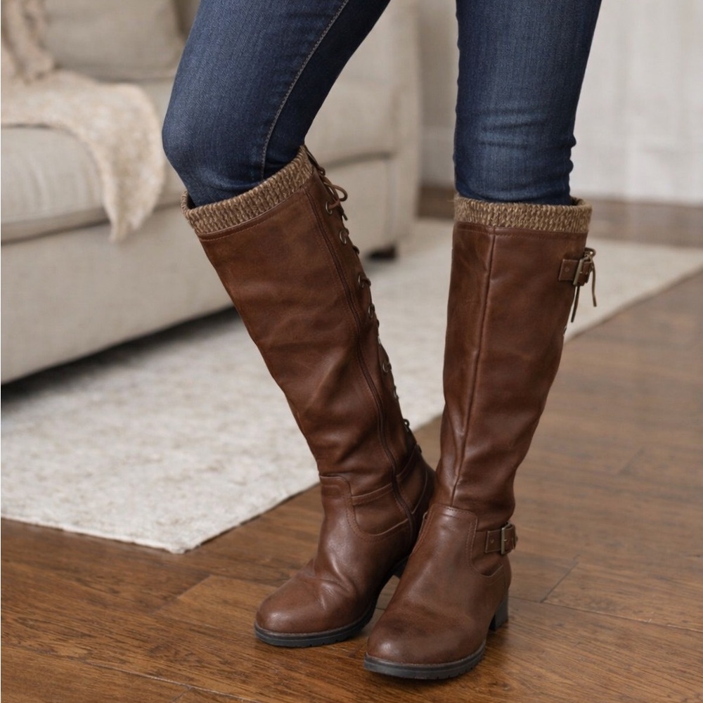 JustFab Brown Heeled Sweater Top Boots with Lace Detail Wide Calf